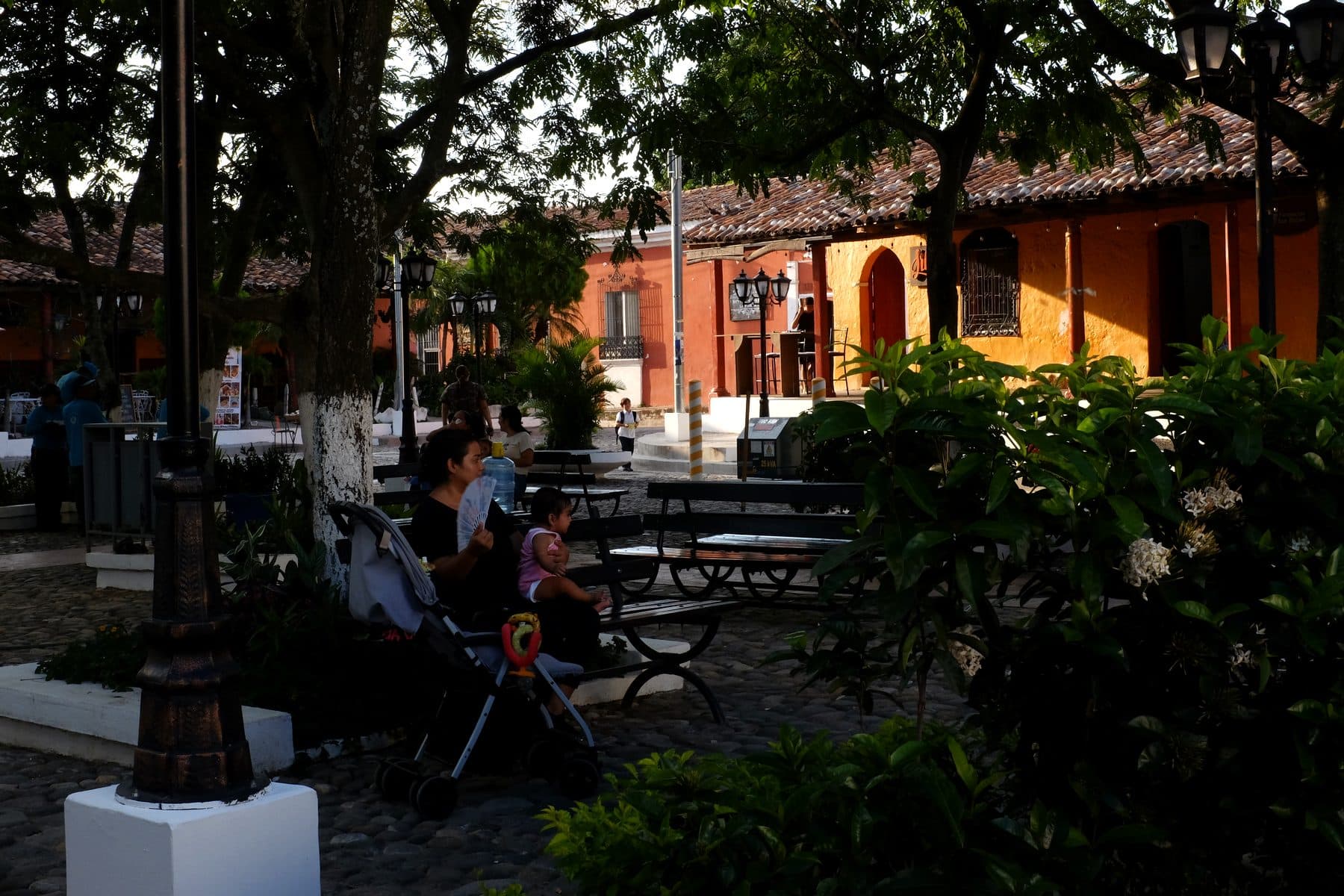 Restored colonial façades along the Suchitoto plaza