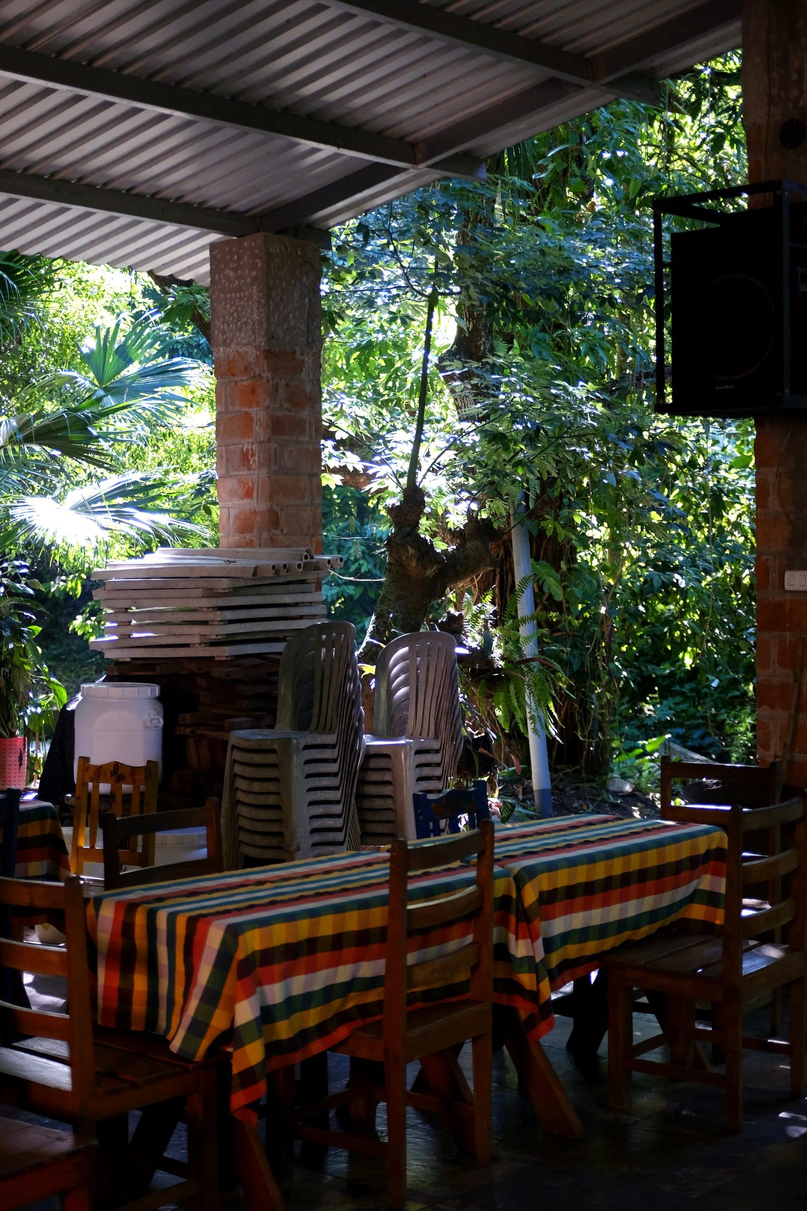 Open-air dining terrace surrounded by vegetation